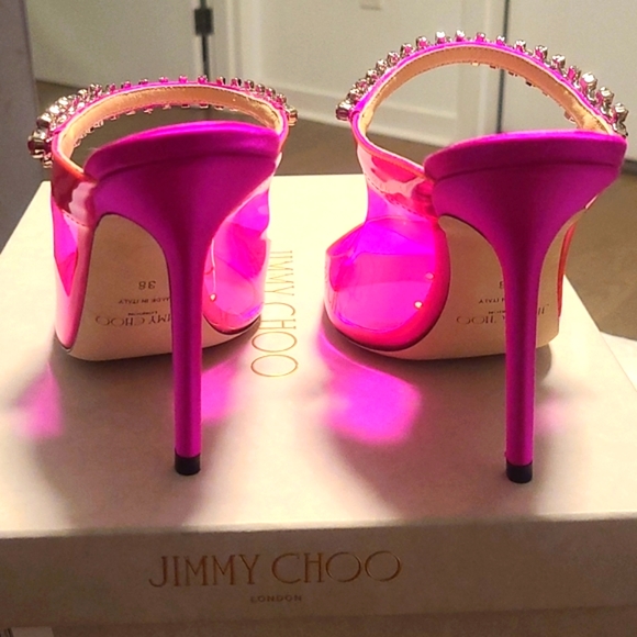 Jimmy Choo Bing 100 Hot Pink Plexi & Crystal Embellished Mules size 38 - Picture 3 of 5